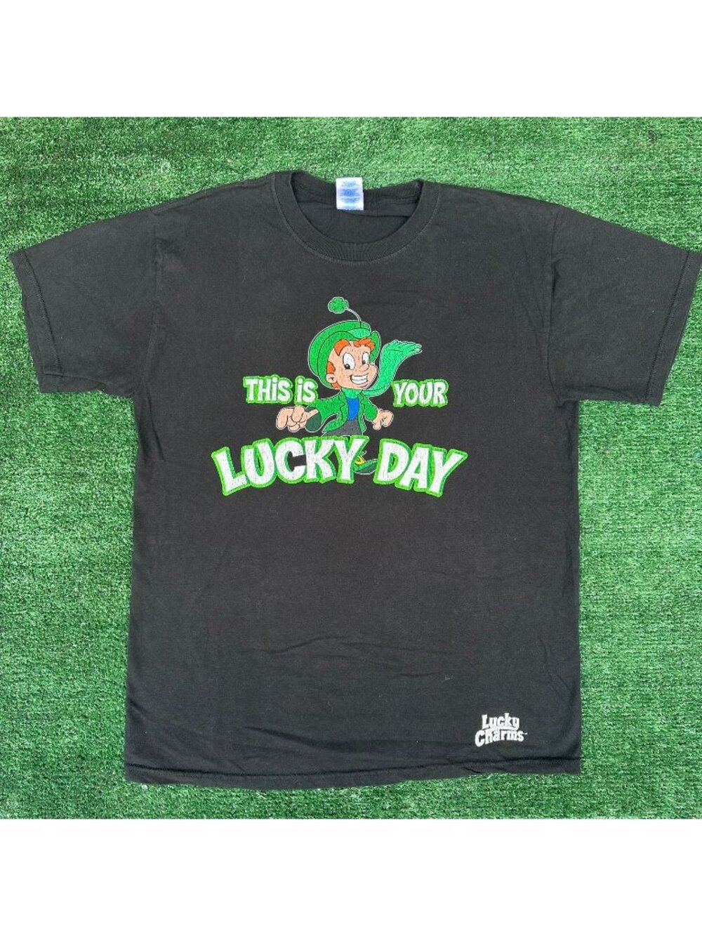 Vintage Y2K Lucky Charms Quote T-Shirt Black M Ironic Humor Promo Kidcore Skater